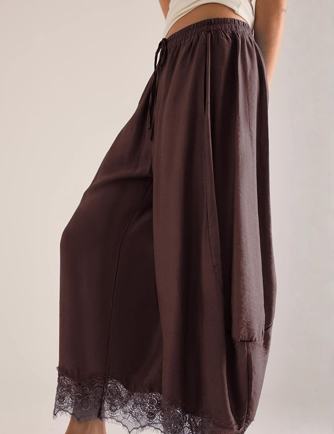 Women's Cropped Lace Hem Pants High Waist Drawstring Wide Leg Pants | Amazon (US)