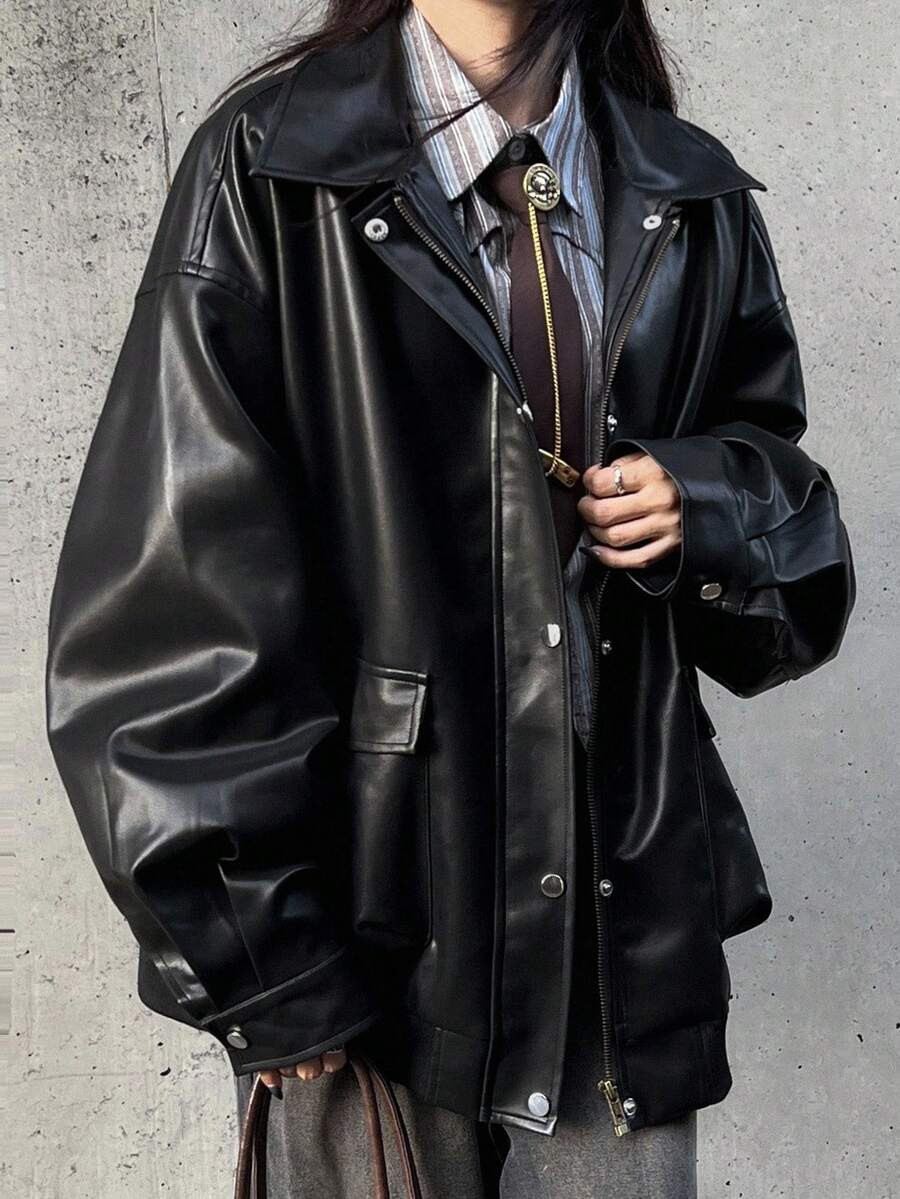 FRIFUL Women's Solid Color Drop Shoulder Long Sleeve Regular Lapel Loose Fit Jacket, Autumn Leather Jacket Cute Tops | SHEIN