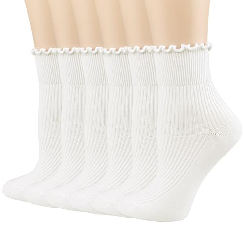 Mcool Mary Women's Ruffle Socks,Casual Cute Ankle Comfort Cool Cotton Knit Lettuce Frilly Crew Milky White Socks for Women 6 Pack | Amazon (US)
