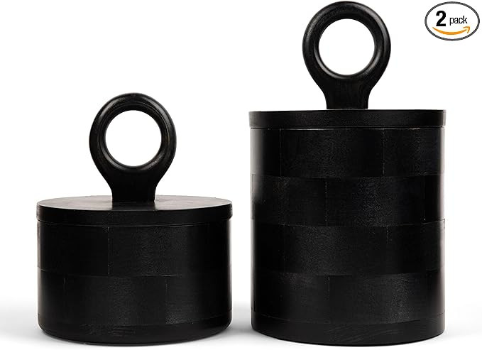 Premium Designer Black Wood Canister with Lids - Set of 2 - Decorative Jars for Kitchen Decor, Di... | Amazon (US)