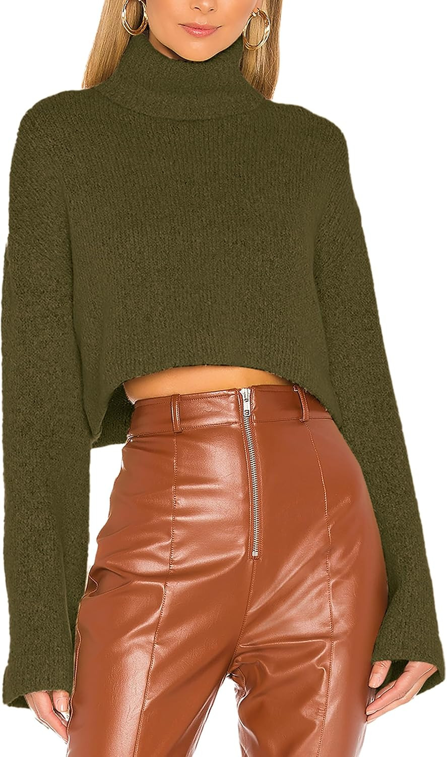Women's Cropped Turtleneck Sweater Long Sleeve Pullover Top | Amazon (US)