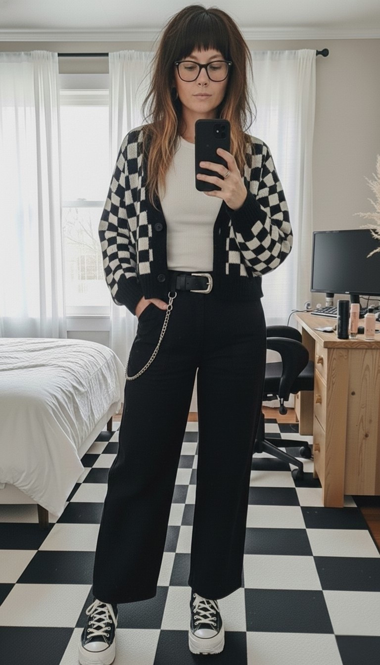 Currently obsessed with this mix of textures and patterns! This cropped checkered cardigan is the perfect weight for layering, and these high-waisted wide leg pants are a total closet staple. I paired them with my go-to platform Converse and a waist chain for that extra bit of 2026 "poetcore" edge. This look is perfect for a coffee shop run or a casual concert night.

#LTKMidsize #LTKootd #LTKSeasonal