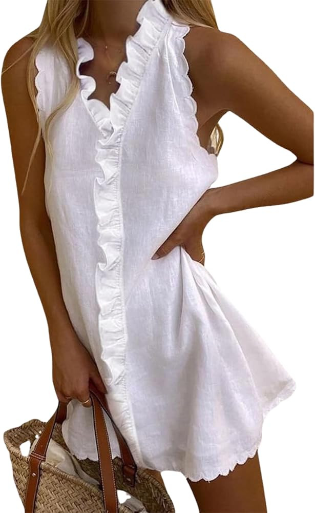 Bengbobar Linen Dresses for Women 2025 Ruffled Sleeveless Solid V Neck Short Linen Summer Mini Dr... | Amazon (US)
