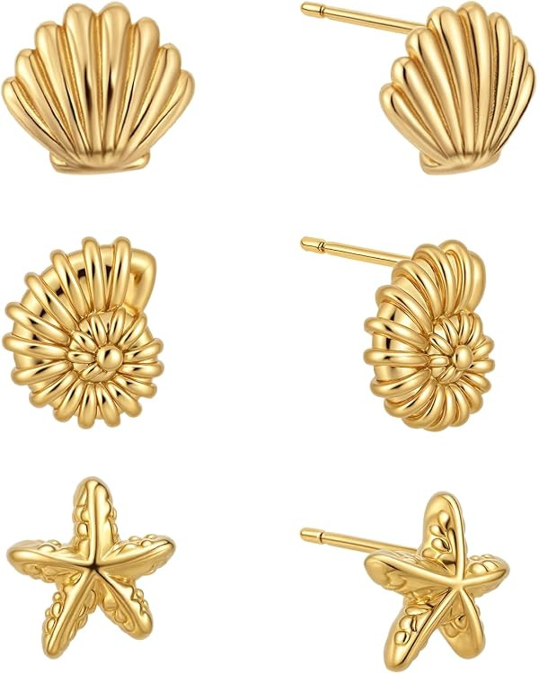 3 Pairs Seashell Stud Earrings Set for Women, Mini Gold Starfish Sea Shell and Conch Earrings Gif... | Amazon (UK)
