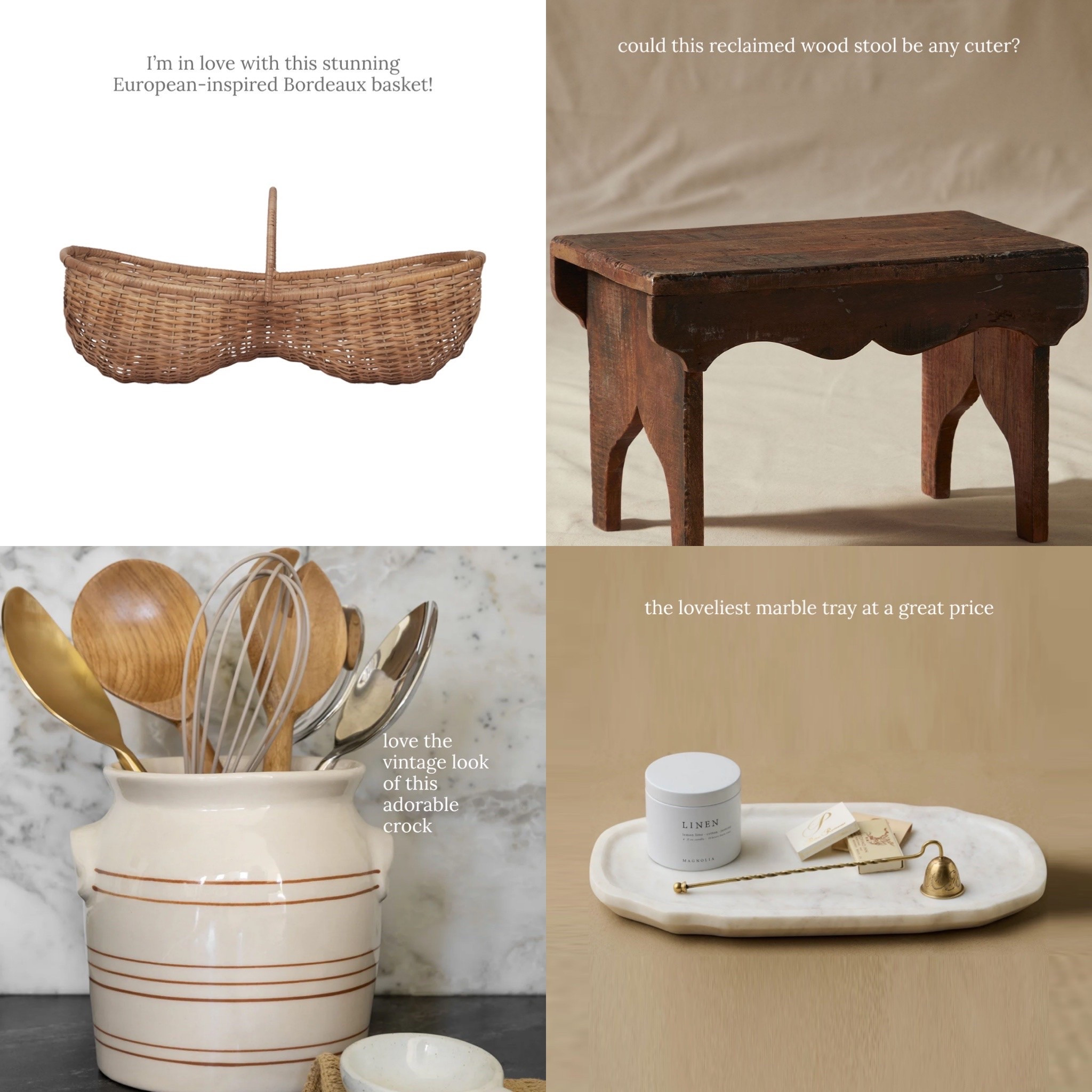 European-inspired favorites for home and kitchen! Gathering basket, crock, marble tray, wood stool 

Home decor, kitchen decor, bathroom decor

#LTKHome