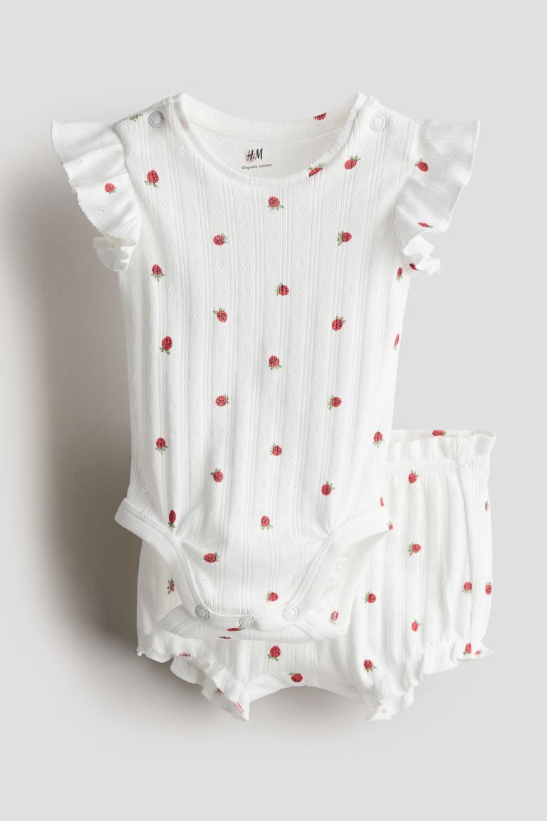 2-piece Cotton Set - Regular waist - Round Neck - White/strawberries - Kids | H&M US | H&M (US + CA)