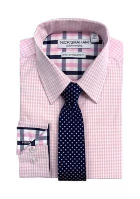 NICK GRAHAM Men's Mini Gingham Shirt and Tie Set, Pink, M 34-35 | Belk