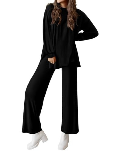 PRETTYGARDEN Womens Casual Spring Lounge Sets Long Sleeve Tops Wide Leg Long Pants Crewneck Two Piece Outfits Matching Set(Black,Large) | Amazon (US)