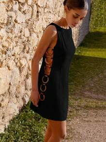 Maija Women's Black Hollow-Out Side Waist Ring Sexy Bohemian Summer Beach Holiday Sleeveless Mini Dress, Casual Business Cocktail Party Dress | SHEIN