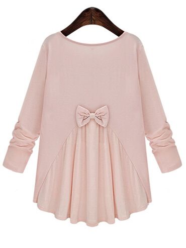 Pink Round Neck Long Sleeve Bow Loose Blouse | SHEIN