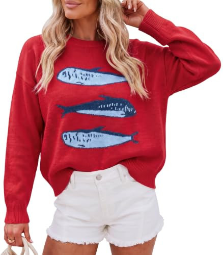 Cicy Bell Womens Fish Graphic Sweaters Lightweight Knit Crewneck Pullover | Amazon (US)