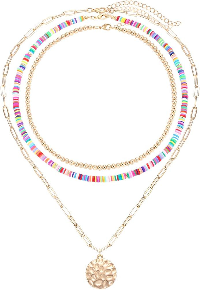 XOCARTIGE Rainbow Surfer Heishi Necklace for Women Stackable Ball Beaded Choker Necklace Layered ... | Amazon (US)