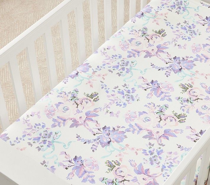 LoveShackFancy Lavender Damask Floral Organic Crib Fitted Sheet | Pottery Barn Kids