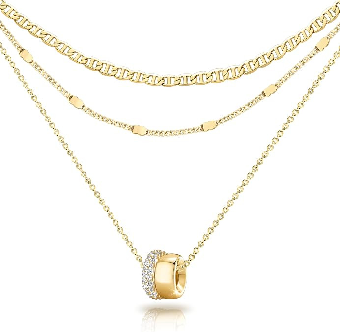 OGD Layered CZ Rondelle Pendant Necklaces for Women, 14K Gold Plated Trendy Mariner Chain Dainty ... | Amazon (US)