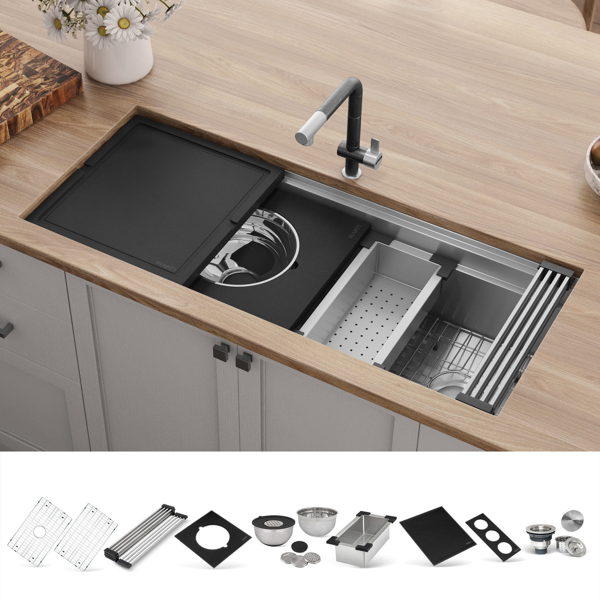 Ruvati Dual-Tier Undermount 45-in x 19-in Stainless steel Single bowl 16 -Gauge Workstation Kitchen Sink one_size | RVH8335 | Lowe's