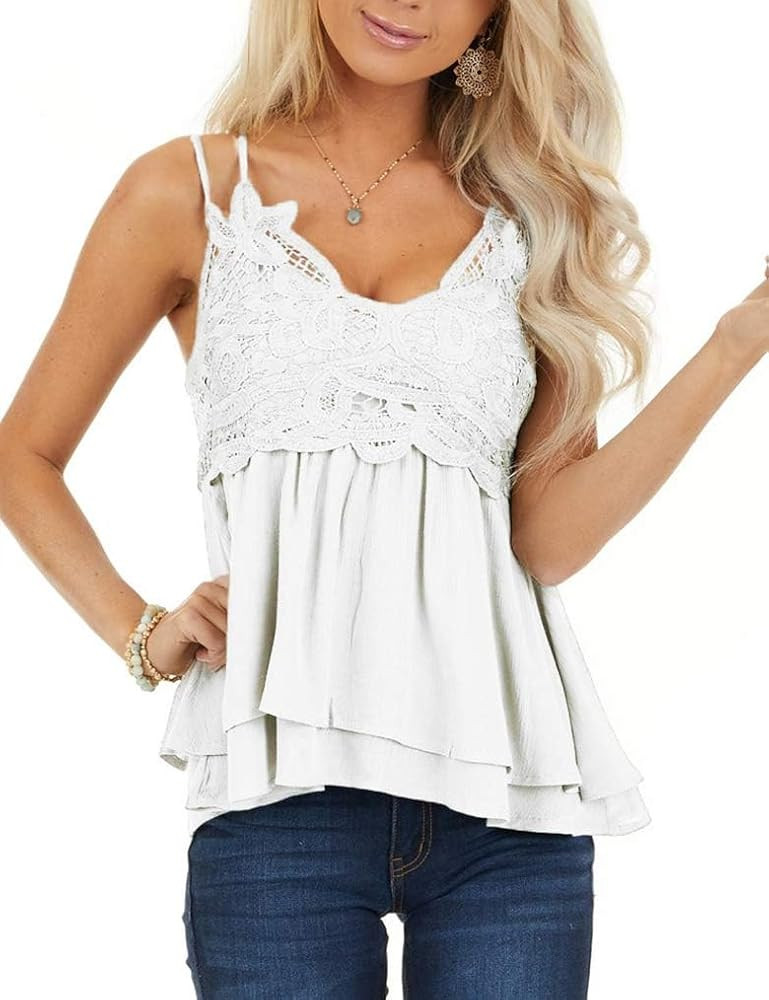 Feager Womens V neck Lace Strappy Cami Tank Tops Loose Casual Summer Sleeveless Shirts White L at... | Amazon (US)
