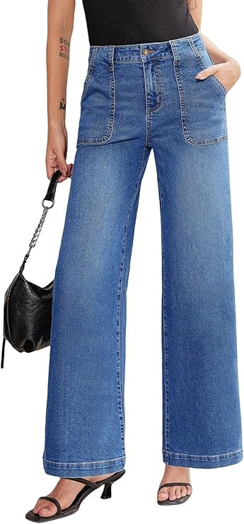 Sidefeel Womens Wide Leg Jeans High Waisted Stretchy Straight Leg Baggy Denim Pants with Pockets | Amazon (US)