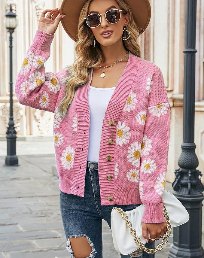 Women's Floral Cardigan Sweater Knitted Long Sleeve Sweater Botton Front Loose Cardigan Coat | Amazon (US)