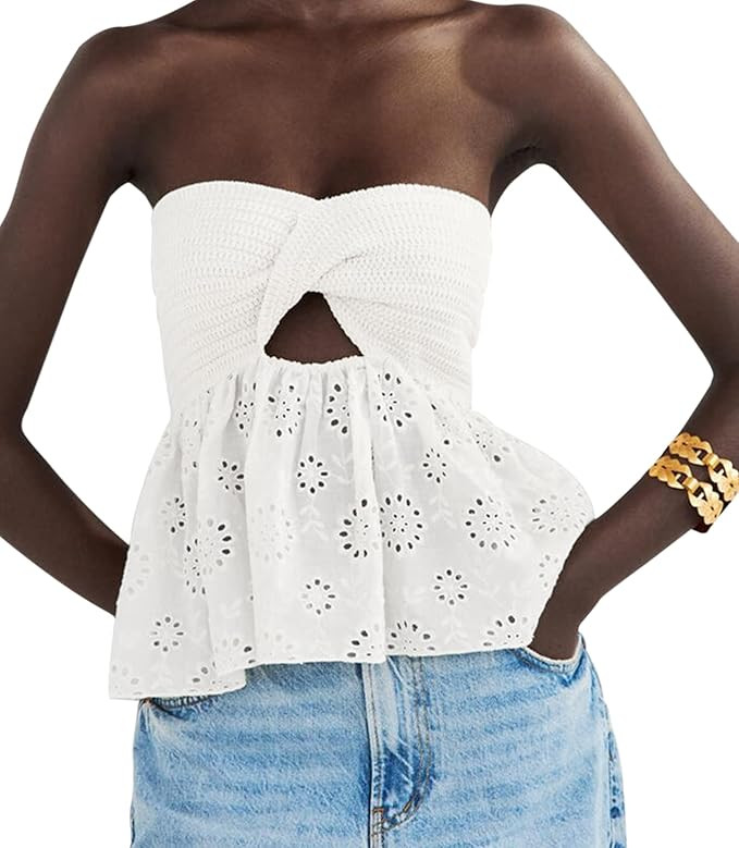 MISSACTIVER Women Twist Knot Knit Bandeau Tube Top Embroidery Strapless Off Shoulder Backless Hol... | Amazon (US)