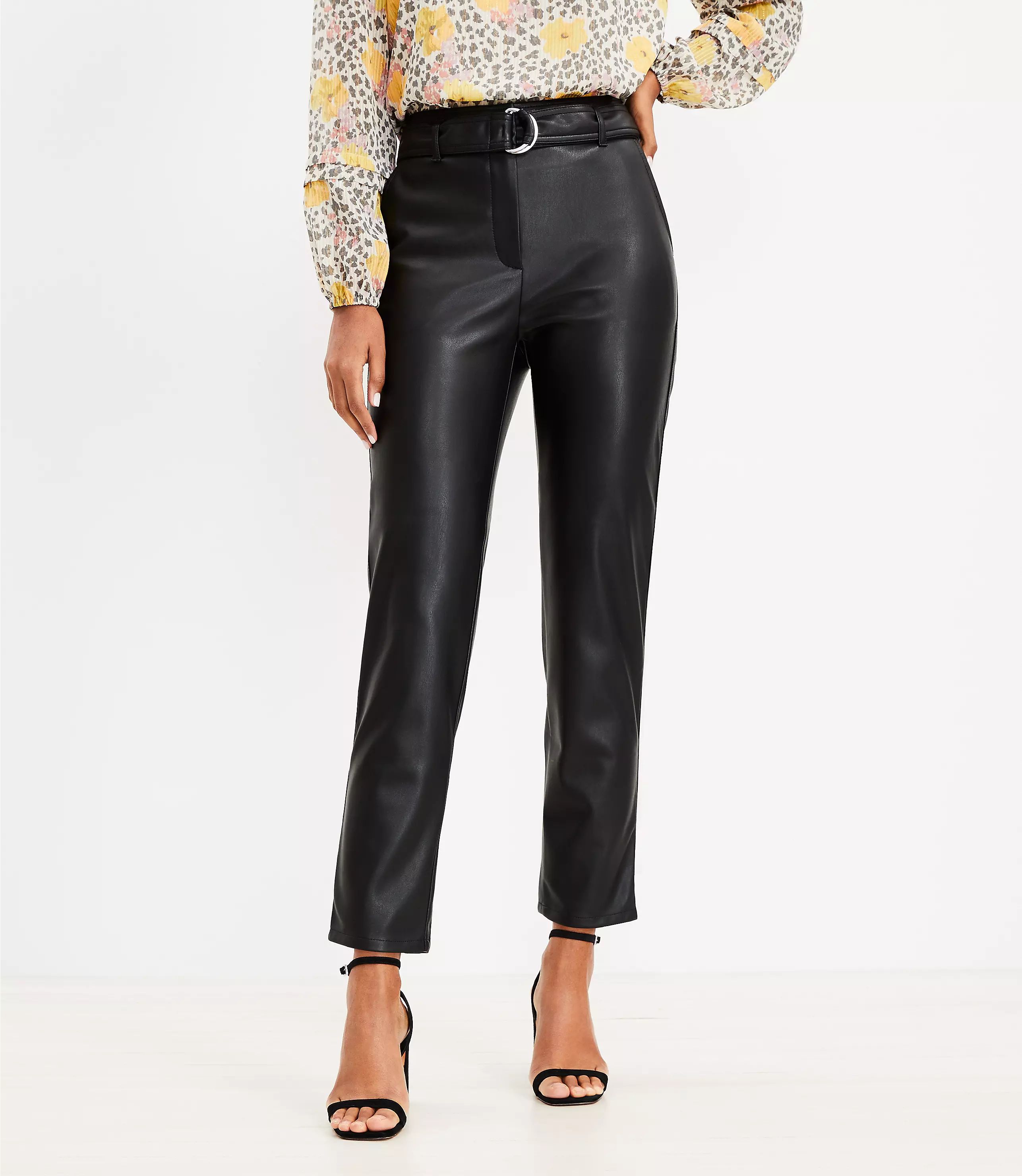 Petite Belted Slim Taper Pants in Faux Leather | LOFT