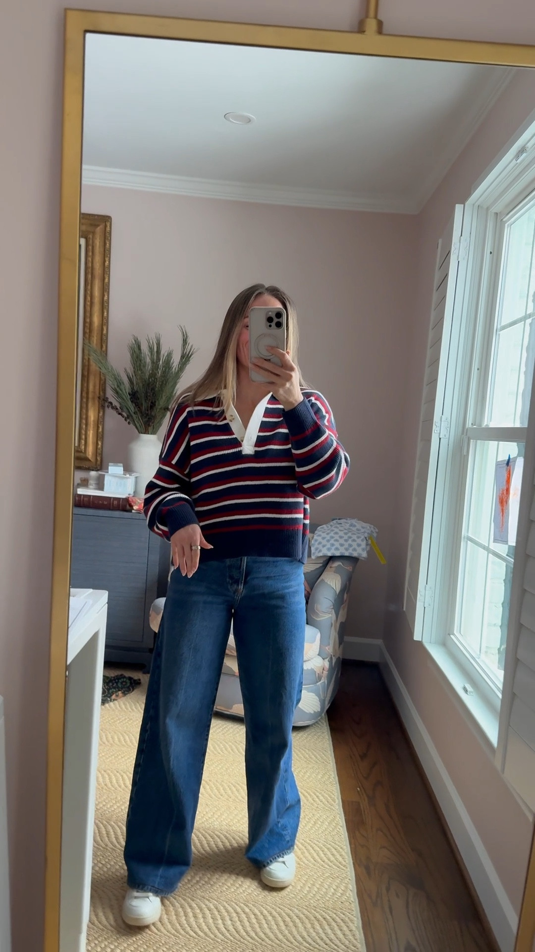 Size small in the rugby sweater. Size 25 in the jeans - size up if you’re on the fence! 

#LTKootd #LTKPetite #LTKmomlife