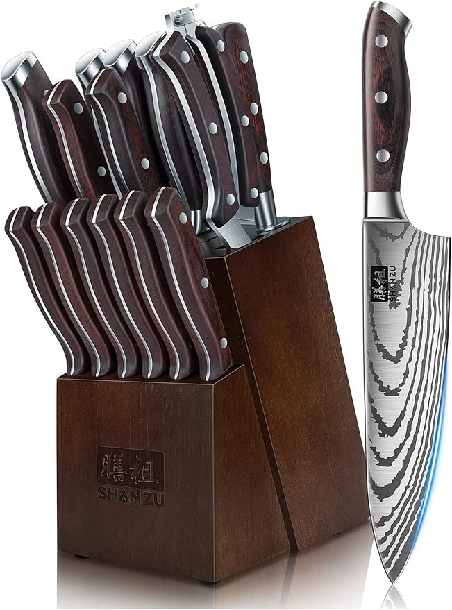 SHAN ZU Knife Set 16 pcs, Japanese Kitchen Knife with Block High Carbon Stainless Steel Ultra Sha... | Amazon (US)
