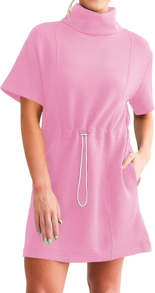 Wenrine Womens Sweatshirt Dress Drawstring Waist Short Sleeve High Neck Casual Mini Dress with Po... | Amazon (US)
