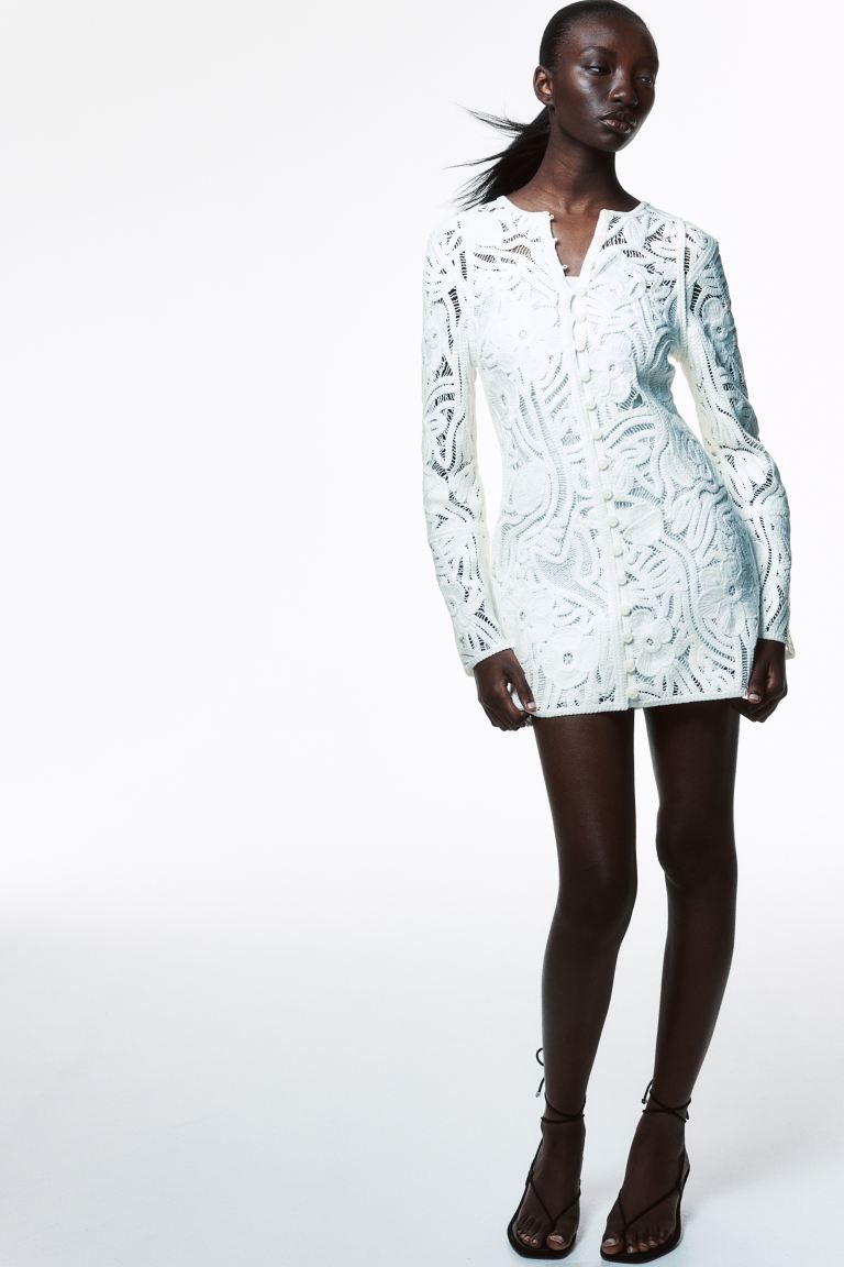 Crochet-look dress - Round neck - Long sleeve - White - Ladies | H&M GB | H&M (UK, MY, IN, SG, PH, TW, HK)