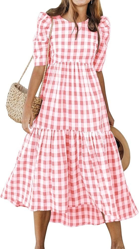 ANRABESS Womens Summer Midi Dresses Casual 2026 Plaid Short Puff Sleeve High Low Flowy Beach Vaca... | Amazon (US)