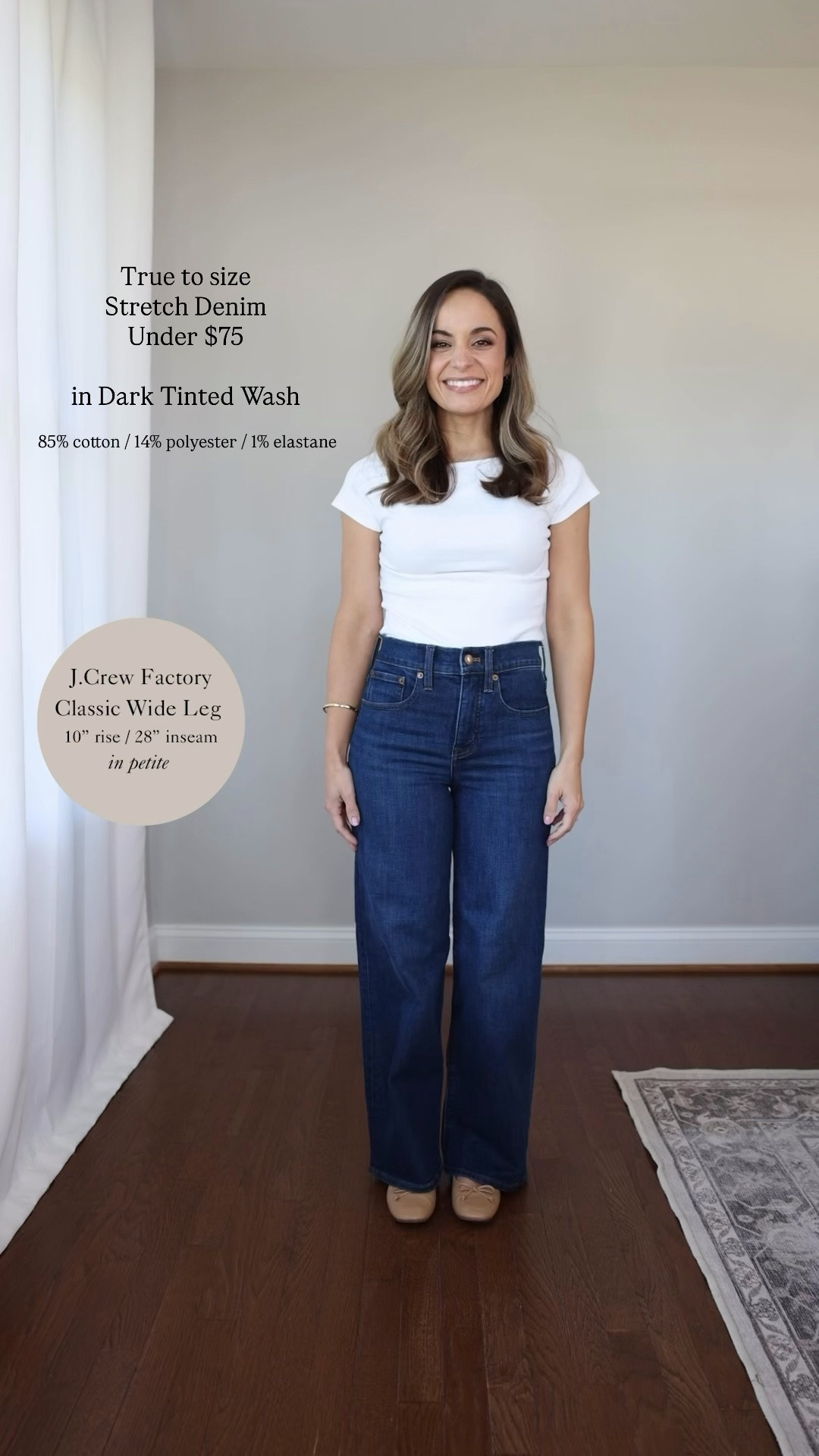 Wide leg jeans for petites! 

J.Crew Factory Classic Wide Leg: petite 24 / 10” rise / 28” inseam 

Top: xs

For size comparison, I’m 4’10” 105lbs. My measurements are 32”, 24”, 36”. I typically wear petite xxs/00/24 and have a 25” ankle inseam and a 27.5-28” full length inseam.

#LTKPetite