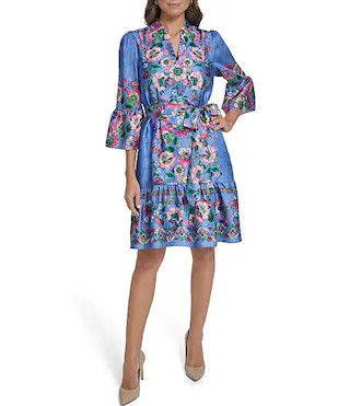 Floral Print V-Neck 3/4 Sleeve Belted A-Line Dress | Dillard's