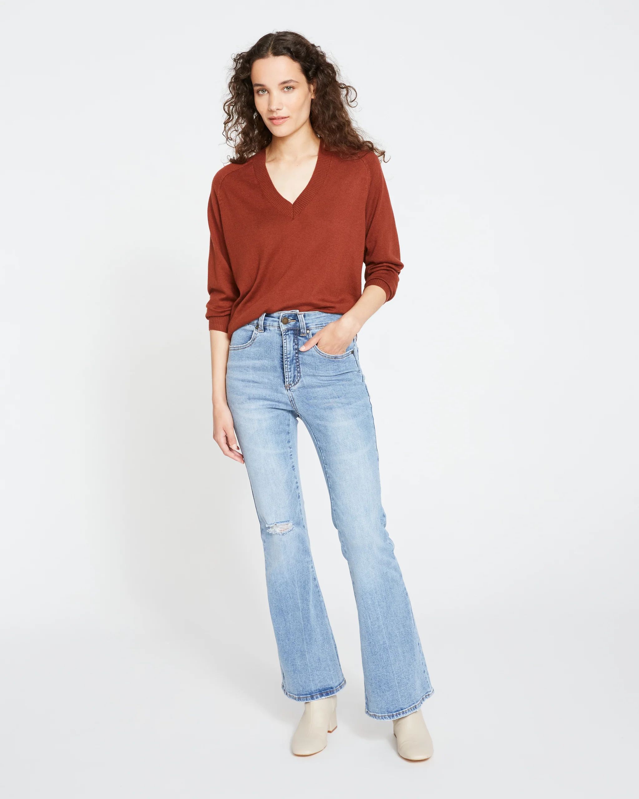 Farrah High Rise Flared Jeans - Distressed Vintage Blue | Universal Standard