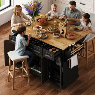 Rustic Coastal Black Wood 54 in. Rubber Wood Drop Leaf Rolling Kitchen Island with 4-Door and 3-Drawer | The Home Depot