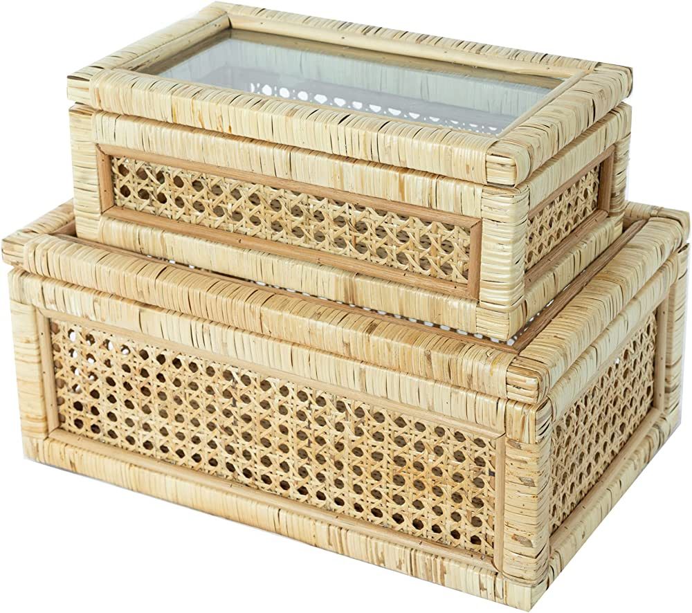 LUSYDECO Set of 2 Large Rectangular Rattan Decorative Boxes with Glass Lids Medium Cane and Ratta... | Amazon (US)