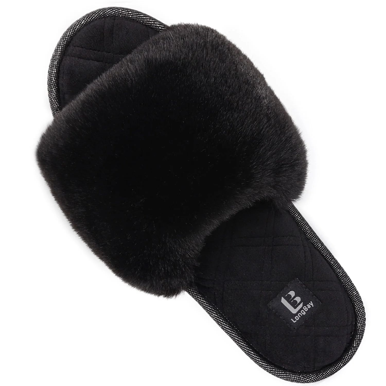 LongBay Women's Fuzzy Faux Fur Memory Foam Cozy Flat Spa Slide Slippers Comfy Open Toe Slip On Ho... | Walmart (US)