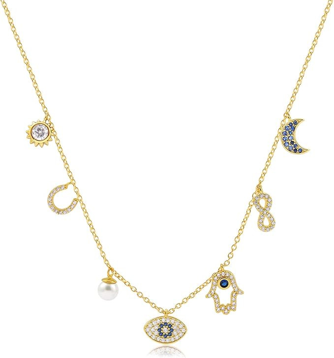 SLOONG 925 Sterling Silver Evil Eye Hamsa Hand Necklace 14k Gold Plated Third Eye White Blue Cz W... | Amazon (US)
