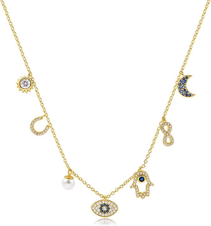SLOONG 925 Sterling Silver Evil Eye Hamsa Hand Necklace 14k Gold Plated Third Eye White Blue Cz W... | Amazon (US)
