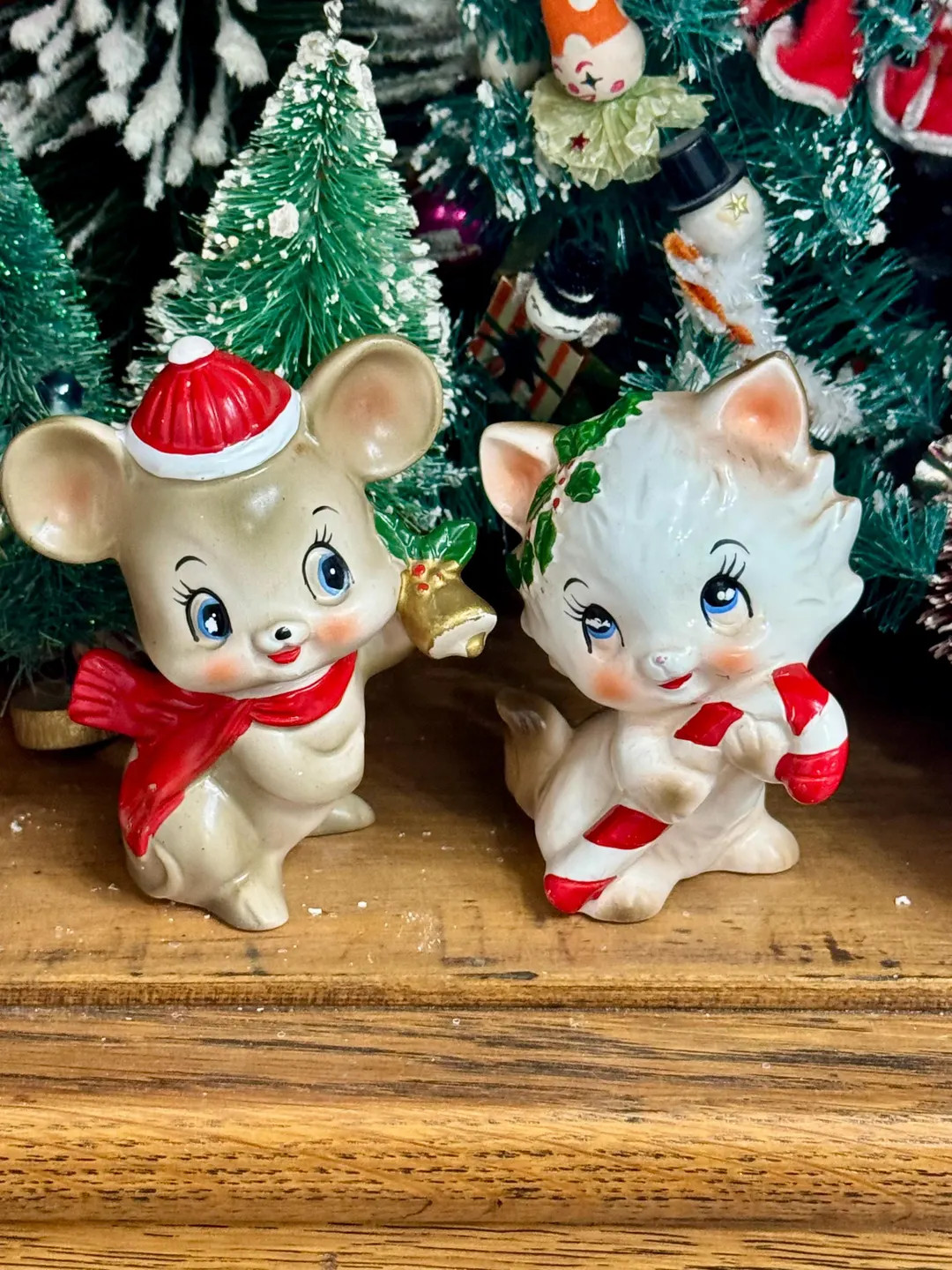 Lefton Christmas Kitten Candy Cane Santa Mouse Pair Vintage Ceramic | Etsy (Global)