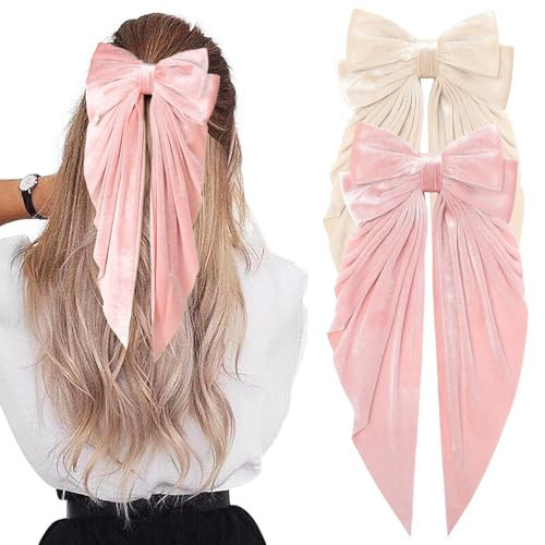 Velvet Hair Bows for Women Girls 2 PCS Hair Ribbon Bow Hair Clips with Long Tails Vintage Hair Accessories for Women Pink Beige | Amazon (US)