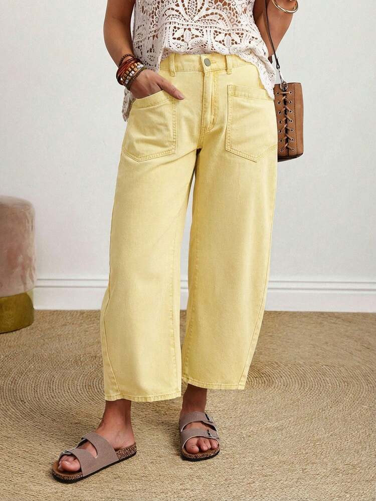 EMERY ROSE Women's Solid Color Zipper Button Pocket Casual Boho Denim Jeans Vacation Pale Yellow ... | SHEIN
