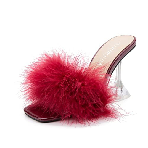 LIURUIJIA Women's Square Toe Feathers High Heels Fur Mules Sandals Fuzzy Fluffy Wedding Bridal Party Dress Shoes Wine Red 37 US 6.5 | Amazon (US)