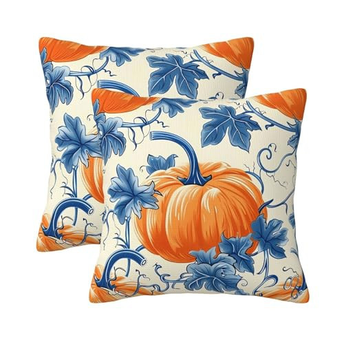 KiuLoam Blue and Orange Fall Pillow Covers 22x22 Inch Set of 2, Fall Decor Pumpkin Leaf Autumn Print Decorative Throw Pillows, Rustic Farmhouse Style Cushion Covers for Sofa Couch Bed Home Decor | Amazon (US)