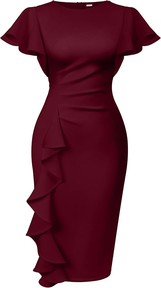 Memoriesea Women's Vintage Church Ruffle Sleeve Ruched Bodycon Work Midi Pencil Dress | Amazon (US)