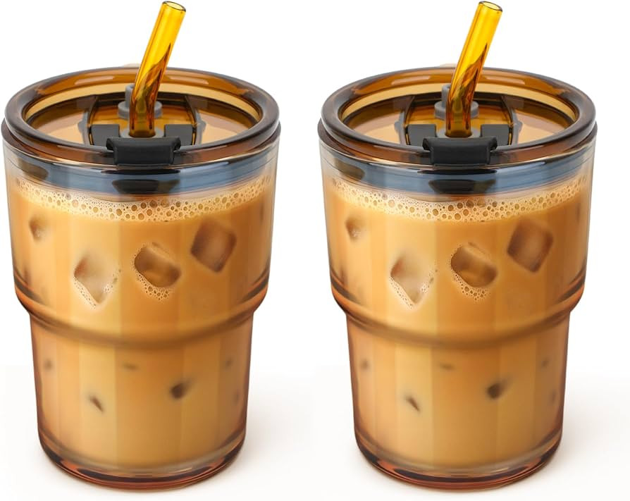 Cafezi 13 oz Glass Tumbler with Glass Straw and Lid, Leak-Proof Reusable Travel Cup for Iced Coff... | Amazon (US)