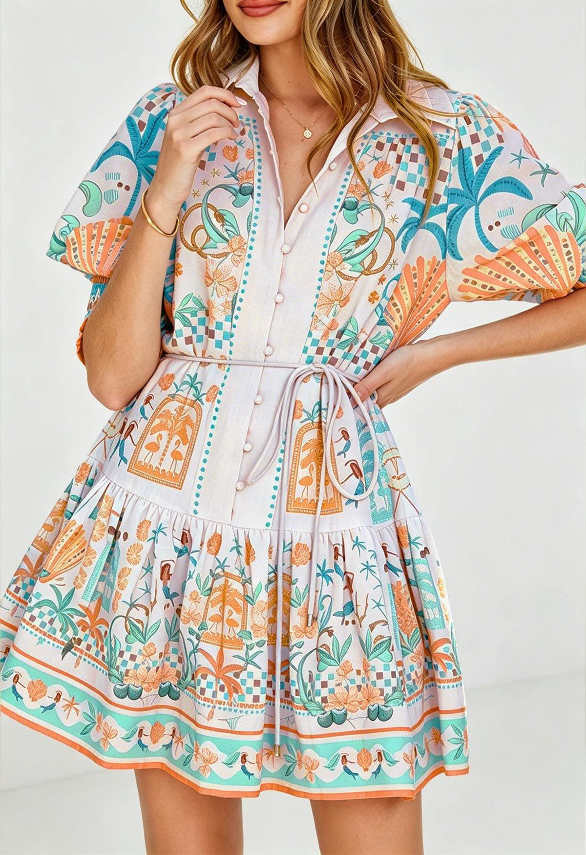 Boho Resort Button-Up Tie-Waist Mini Dress for Road Trips & Cruise Excursions | Chicwish