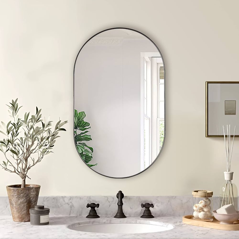 ANDY STAR Black Oval Mirror, 20x33’’ Oval Black Mirror Stainless Steel Metal Pill Mirror for ... | Amazon (US)