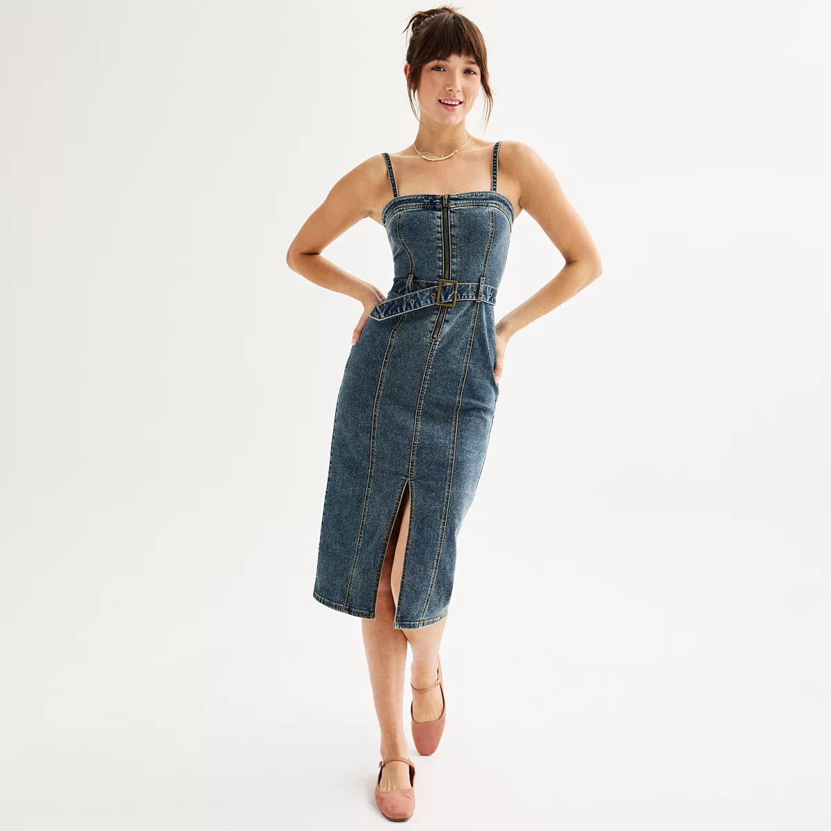 Juniors' SO® Denim Belted Midi Tube Dress | Kohl's