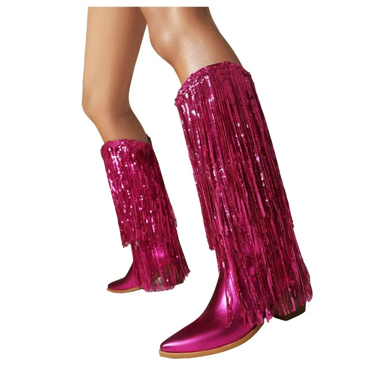 Leozcaa Women's Rhinestone Fringe Cowgirl Boots Sparkly Western Cowboy Boots Pointed Toe Mid Calf... | Walmart (US)