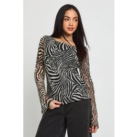 boohoo Women's Zebra Print Chiffon Flare Sleeve Top | Size: 2 | boohoo (US & Canada)