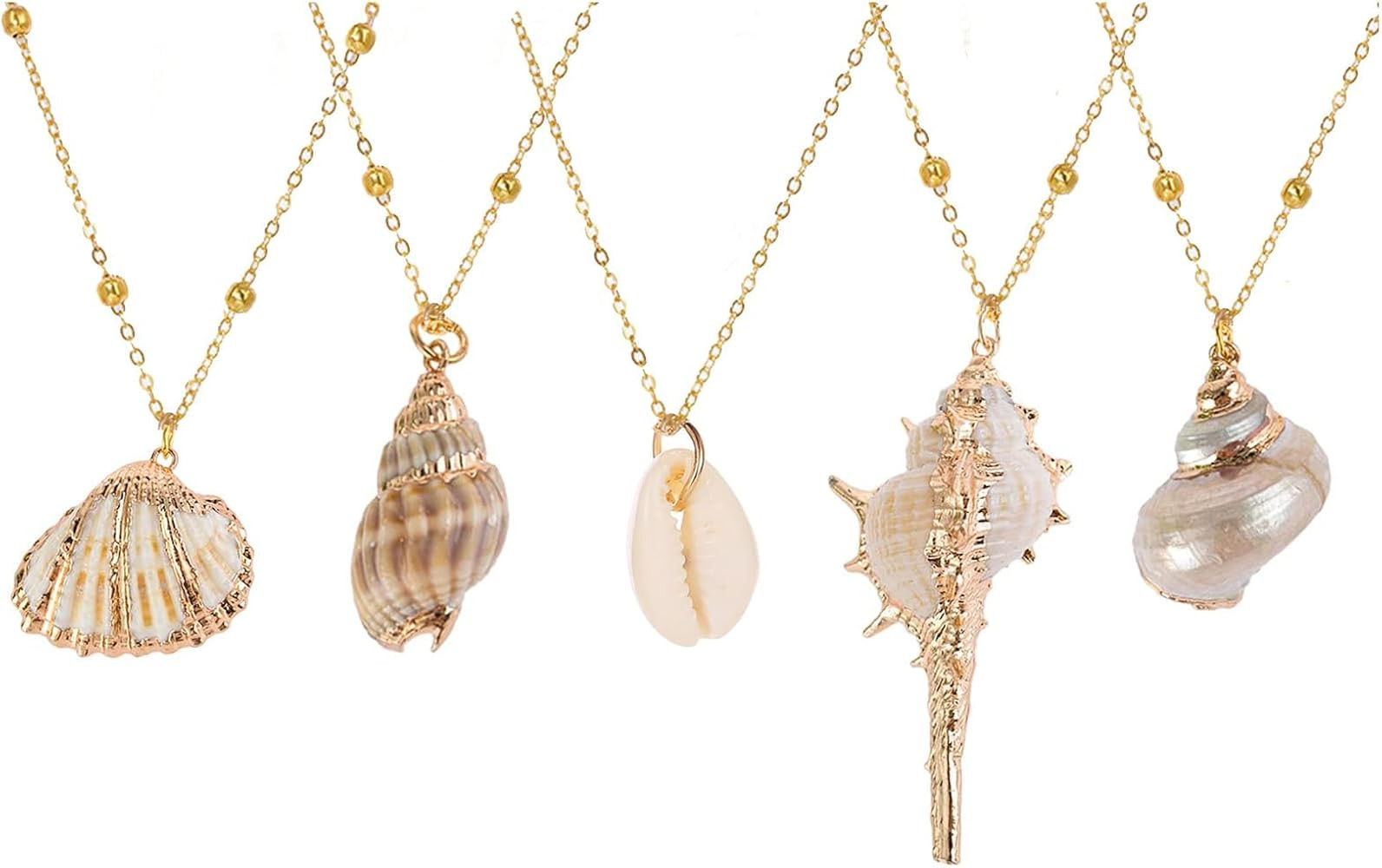 5Pcs Natural Scallop Conch Seashell Necklace Inlaid with Gold Rimmed Sea Shell Necklace Adjustabl... | Amazon (US)